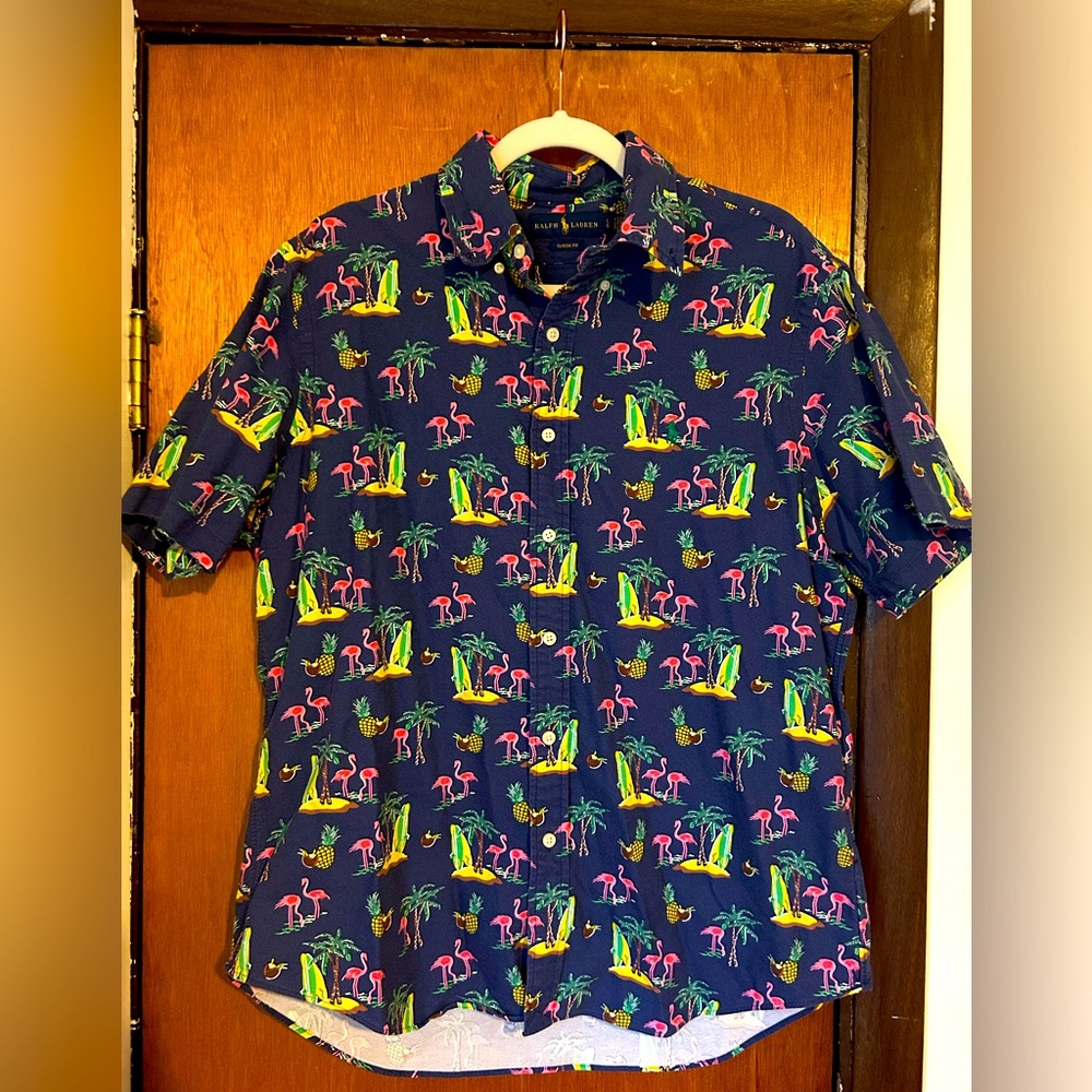 Polo Ralph Lauren Men's Coconut Flamingo Short Sleeve Button Up Hawaiian Shirt